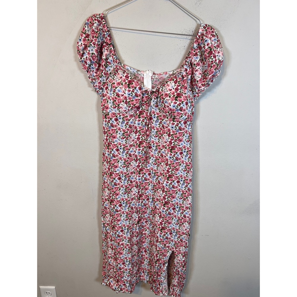 Womens Midi Dress Floral Puff Sleeve Sweetheart Neckline Pink Size L 11-13